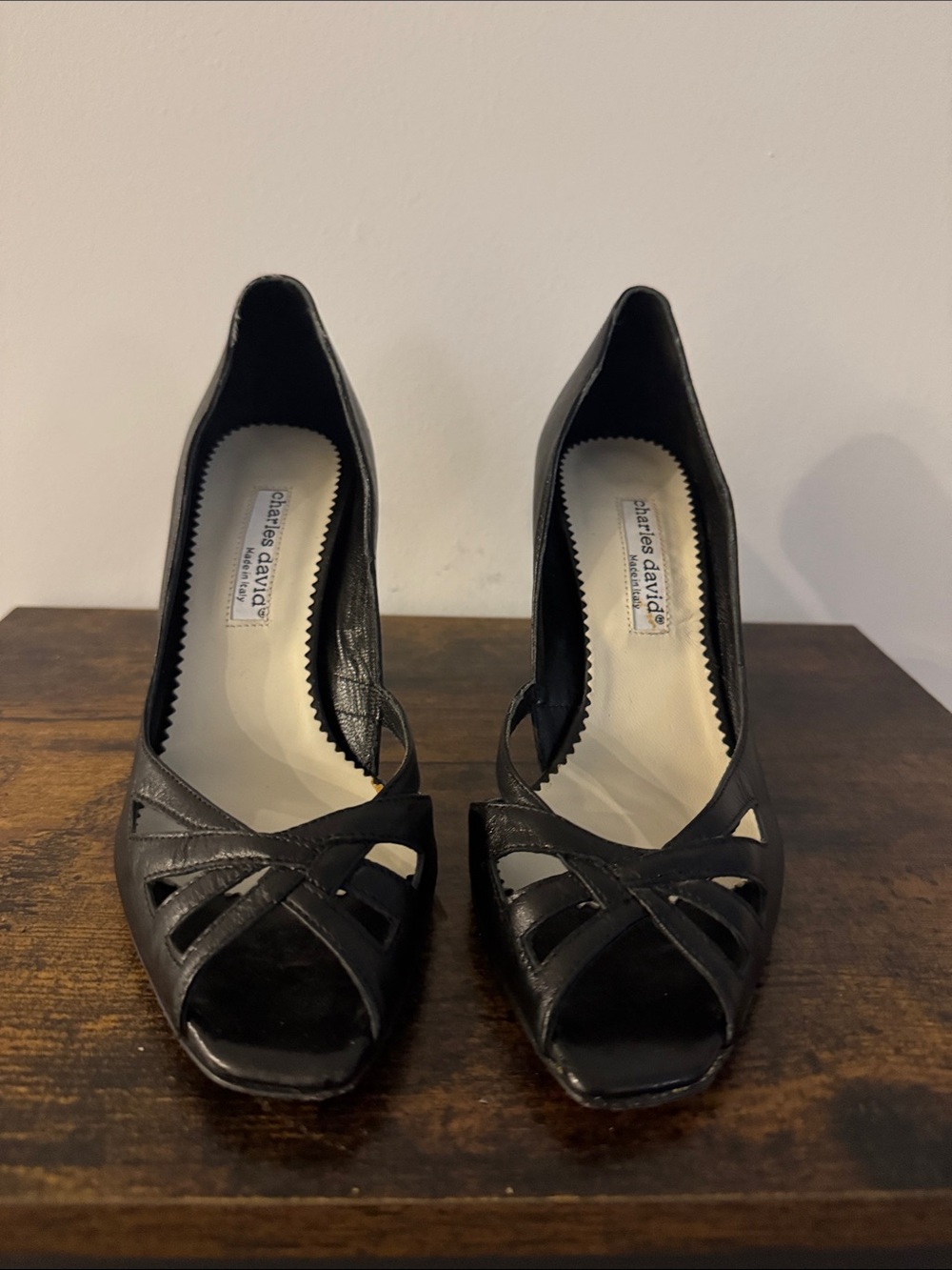 Charles David Made in Italy Black Leather Peep Toe Heels with Cutouts